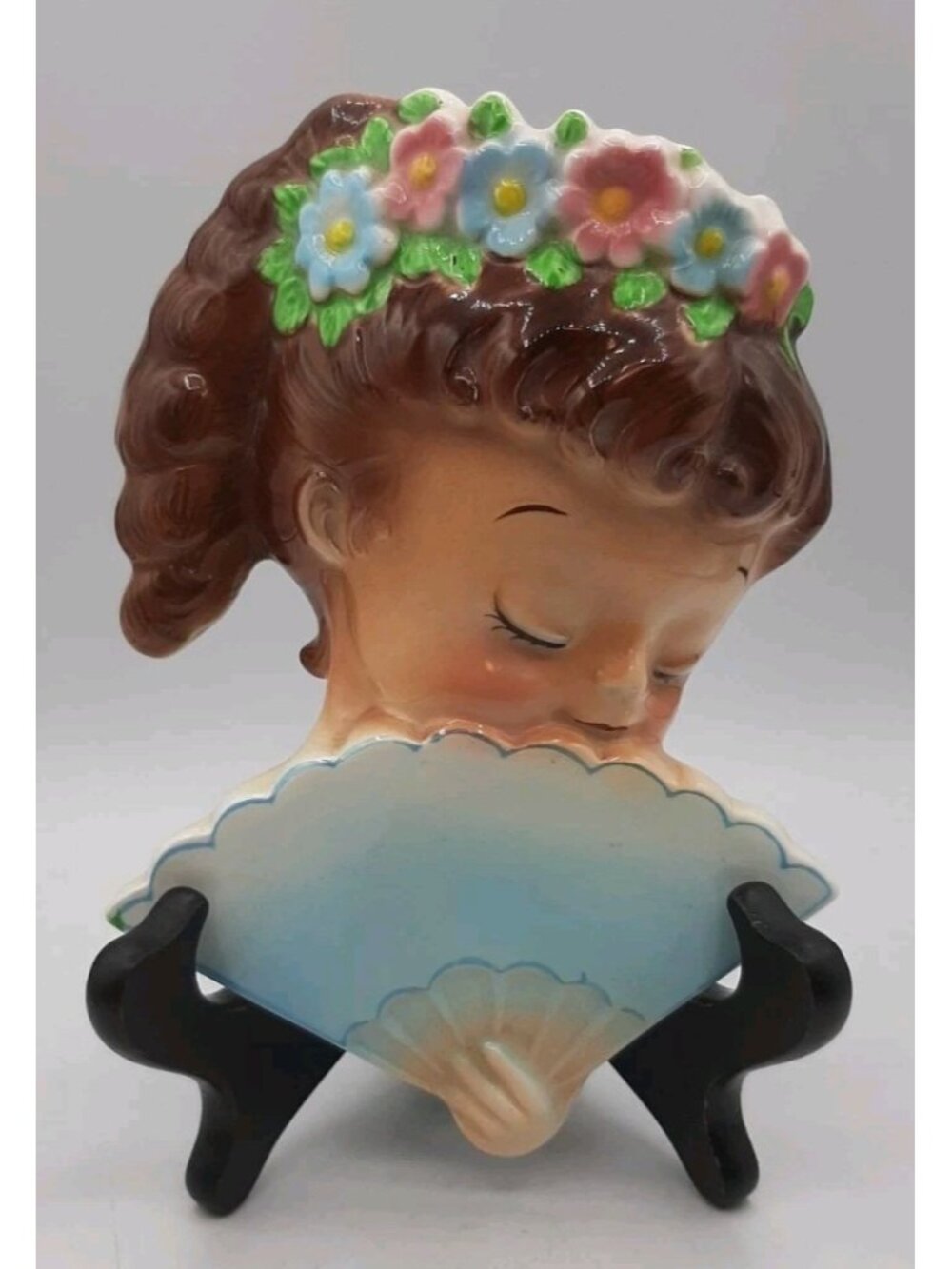 Vintage Anthropomorphic Girl Wall Pocket Cottage Fan Japan Lefton Kitschy MCM